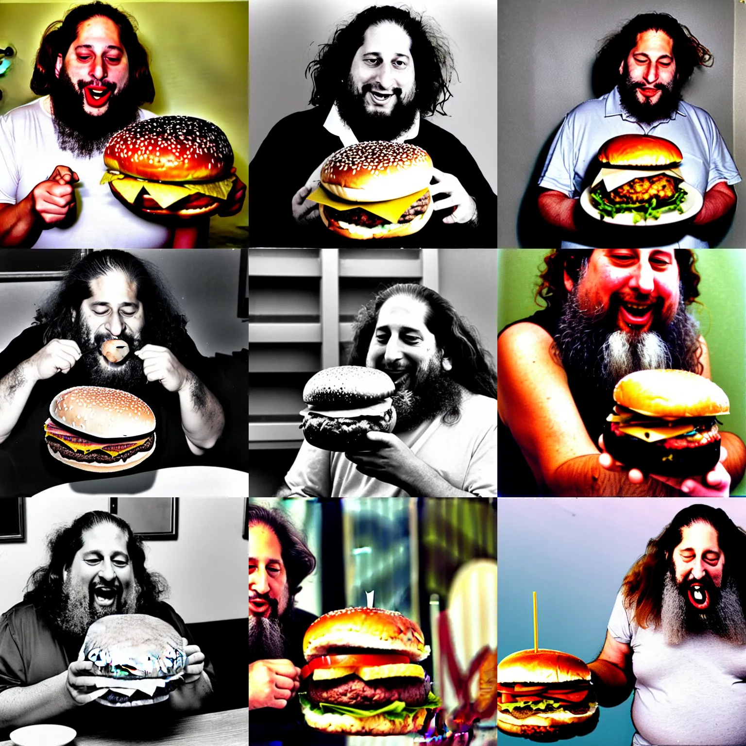 Prompt: photo of richard stallman struggling to eating a giant hamburger, 3 5 mm