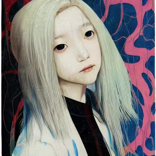 Prompt: yoshitaka amano blurred and dreamy realistic three quarter angle portrait of a young woman with white hair and black eyes wearing dress suit with tie, junji ito abstract patterns in the background, satoshi kon anime, chungking express color palette, noisy film grain effect, highly detailed, renaissance oil painting, weird portrait angle, blurred lost edges