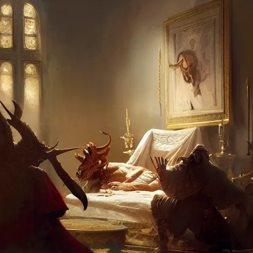 Prompt: the pope is in his bedroom, terrified because a horned demon is attacking him. highly detailed painting by gaston bussiere, greg rutkowski, craig mullins 8 k