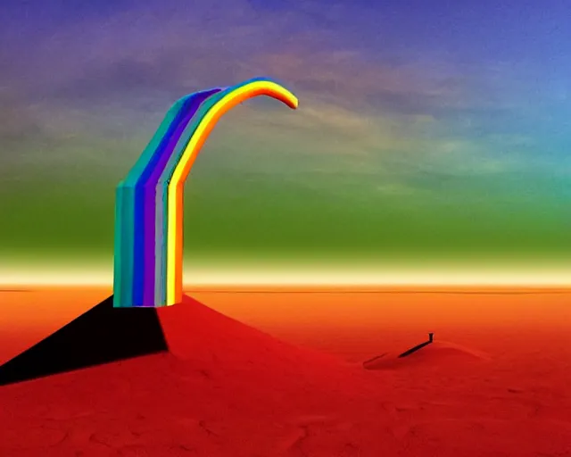 Prompt: isometric 3 d surrealist rainbow in a surreal desert, frequencies divided as sacred geometry 3 d shapes, very surreal, strange pagan atmosphere, by salvadore dali