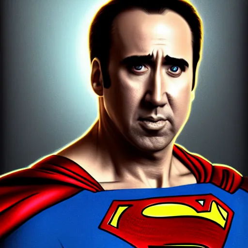 Image similar to upper body portrait of nicolas cage as superman, intricate, elegant, highly detailed, digital painting, artstation, concept art, smooth, sharp focus, illustration, art by artgerm and greg rutkowski and alphonse mucha, award winning, 8 k