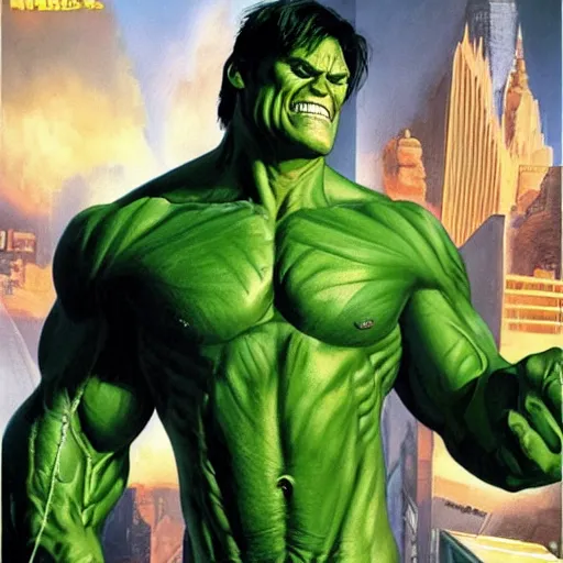 Prompt: jim carrey as the hulk by alex ross, greg rutkowski - h 7 6 8