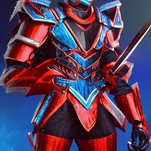 Image similar to High Fantasy Kamen Rider, blue armor with red secondary color, 4k, glowing eyes, daytime, rubber undersuit with chainmail texture, dragon inspired armor