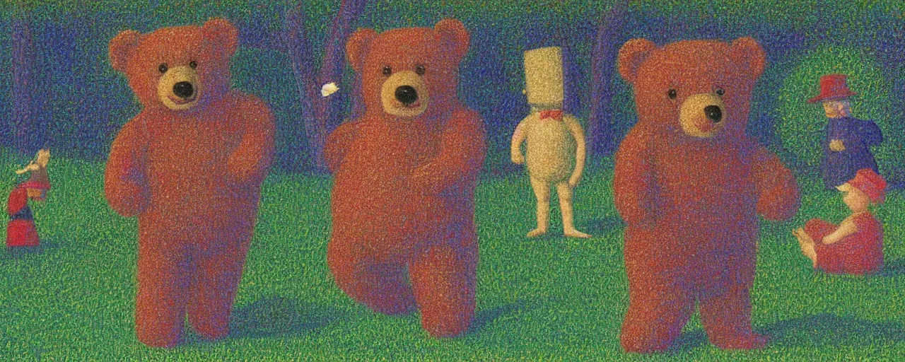 Image similar to teddy bear shakespeare in the park, from the terrifying and incomprehensible beyond, body horror, by david hockney, seurat