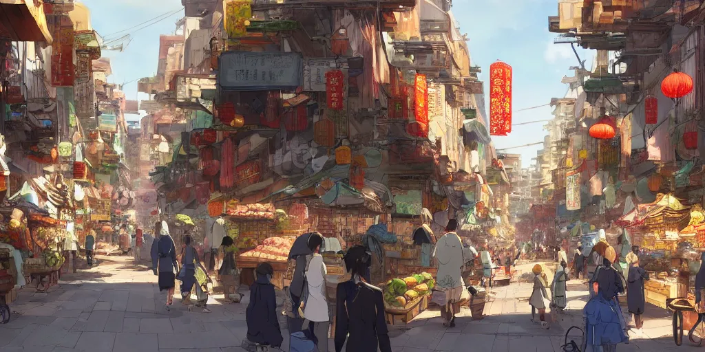 Image similar to Concept art by Makoto Shinkai of a lively, full of life market with merchants spread along an alley full with human activities, Chinese old city, Chinese shophouses, vivid, sunny.