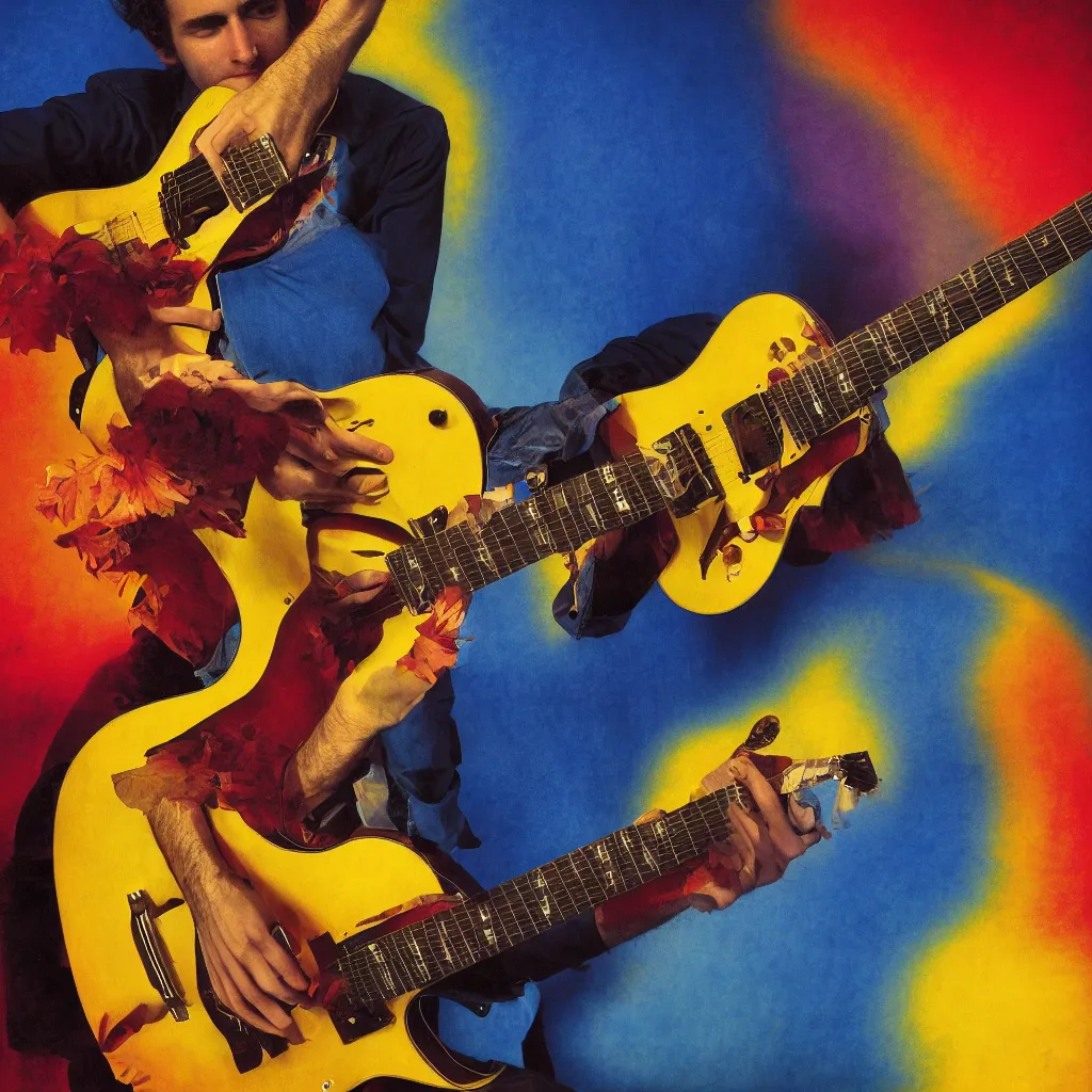 Prompt: award winning photo of julian lage playing jazz guitar, vivid colors, happy, symmetrical face, beautiful eyes, studio lighting, wide shot art by Sally Mann & Arnold Newman