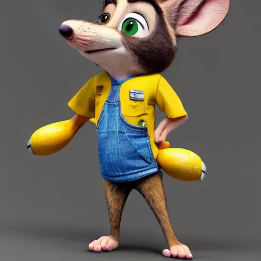 Prompt: 3 d render, portrait, headshot, closeup, anthropomorphic mouse, female, wearing denim short shorts and a off yellow tank top shirt, in the style of zootopia, closeup