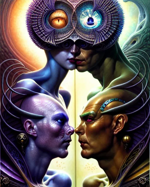 Image similar to two lovers facing each other, tarot card, fantasy character portrait made of fractals, ultra realistic, wide angle, intricate details, the fifth element artifacts, highly detailed by peter mohrbacher, hajime sorayama, wayne barlowe, boris vallejo, aaron horkey, gaston bussiere, craig mullins