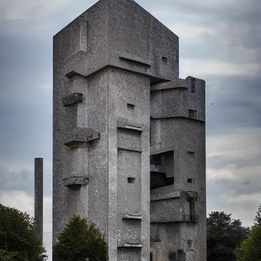 Prompt: a sci - fi beautiful brutalist monumental castle, with many towers sprouting from the base tower creating a complex and unique geometric building, photography