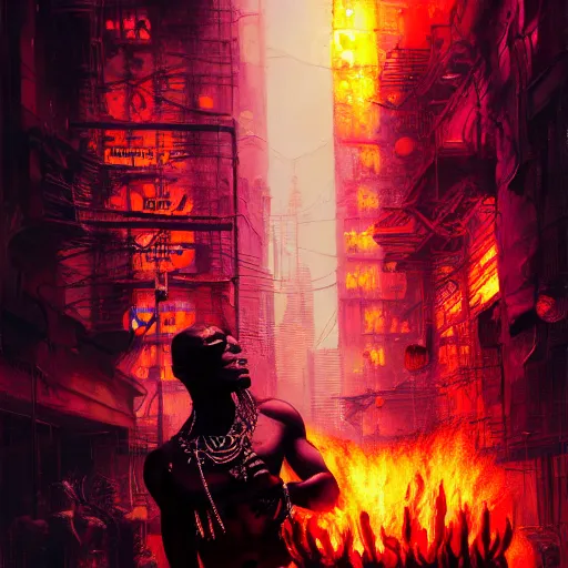 Image similar to shaka zulu as a cybperpunk gangster, eating fire in the neon ghetto, by greg rutkowski and android jones in a surreal portrait style, cyberpunk, oil on canvas, 8k