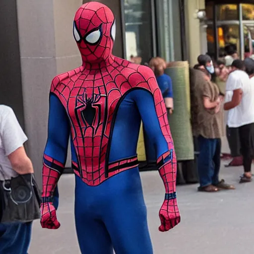 Image similar to spiderman standing in line at starbucks, photorealistic