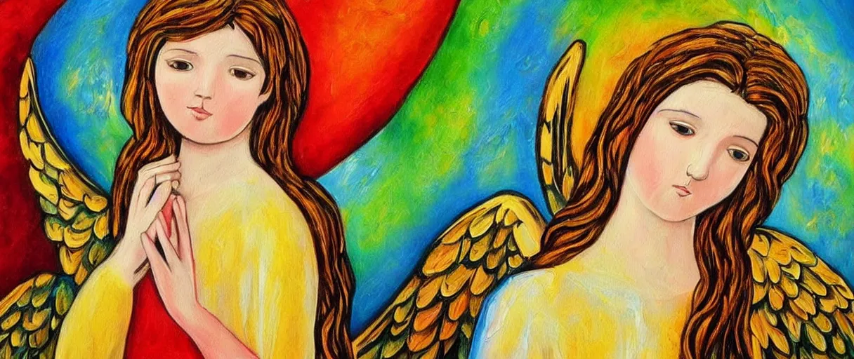 Image similar to biblically accurate angel, painting, artistic, angelic, colorful