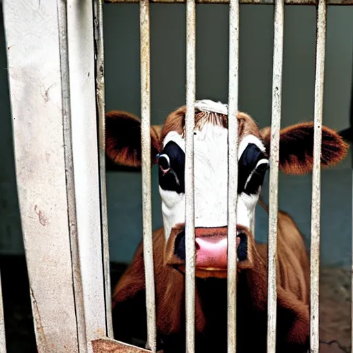 Image similar to cute calf dressed as an inmate behind bars
