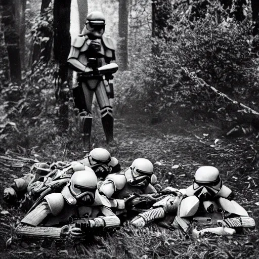 Image similar to war photography, the falling soldier, imperial stormtrooper, moment of death frozen in time, in endor, the body lies placidly on the ground, groundbreaking, breathtaking, awardwinning, by robert capa, digital intricate art, hyperrealist, detailed, 8 k, 3 5 mm, canon, extreme long shot