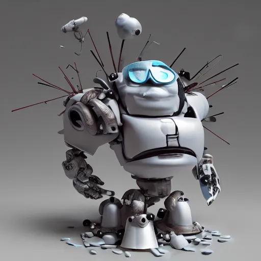 Prompt: dissection of one simple angry screaming ceramic toy Figure mechabot transformer sculpture, c4d, 3d primitives, in a Studio hollow, surrounded by flying parts, explosion drawing, by pixar, beeple, by jeff koons, blender donut tutorial, joints, by jonathan ive, by david lachapelle, simulation