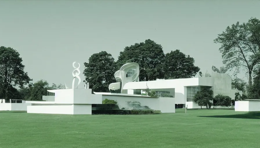 Image similar to a large white building sitting on top of a lush green field, an art deco sculpture by Bauhaus, cg society, bauhaus, panorama, art deco, 1970s