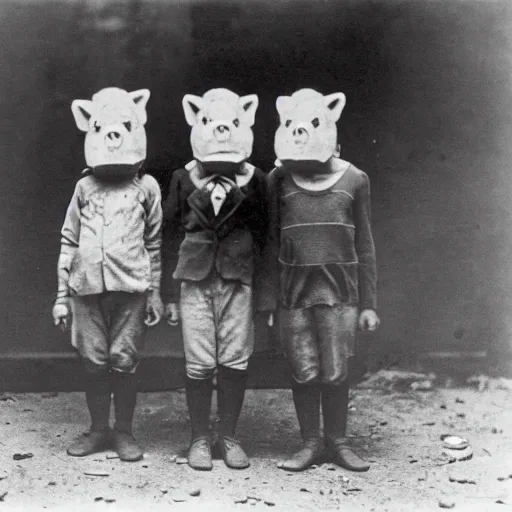 Image similar to portrait of children wearing pig masks, photograph, style of atget, 1 9 1 0, creepy, dark