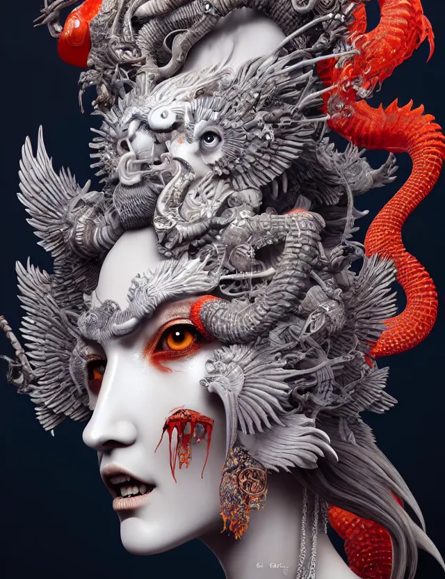 Image similar to 3 d goddess of hell close - up profile portrait with ram skull. beautiful intricately detailed japanese crow kitsune mask and clasical japanese kimono. betta fish, jellyfish phoenix, bio luminescent, plasma, ice, water, wind, creature, artwork by tooth wu and wlop and beeple and greg rutkowski