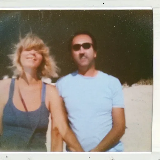 Image similar to found polaroid of my parents at beach, who look exactly like Taylor Swift and Nicolas Cage