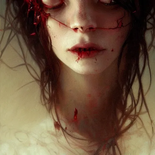 Prompt: portrait of beautiful vampire, thorns everywhere, anguished, headshot, pale skin, 4k, rule of thirds, extreme detail, detailed drawing, trending artstation, hd, fantasy, D&D, realistic lighting, by Alphonse Mucha, Greg Rutkowski.