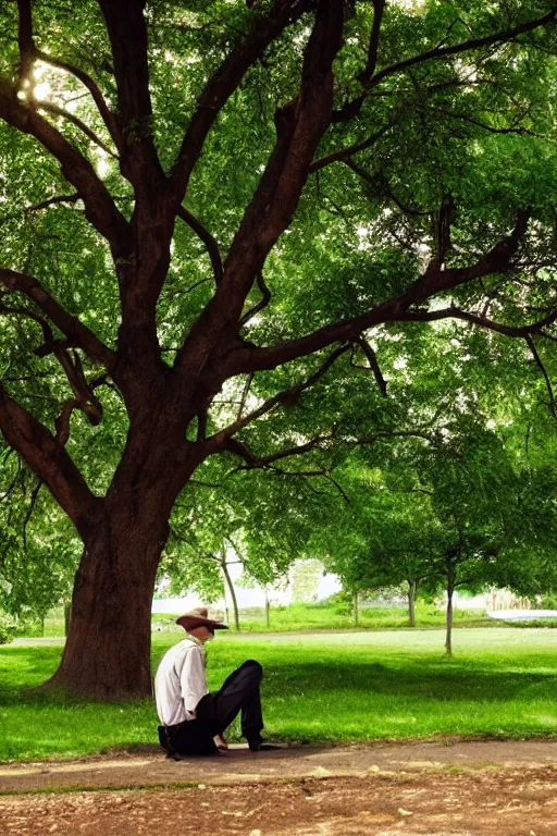 Image similar to a detective from the 5 0's, sitting in a park under a big tree