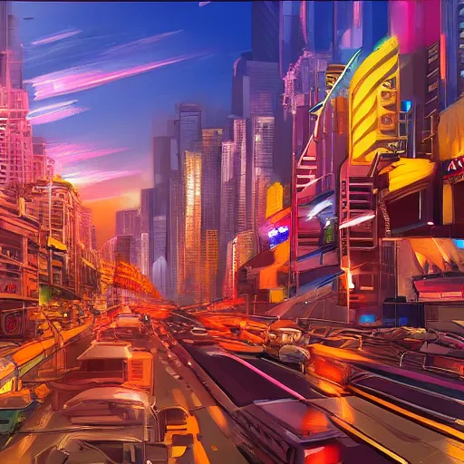 Prompt: mumbai in the future, city streets, golden hour, distopian fantasy, trending on pixiv