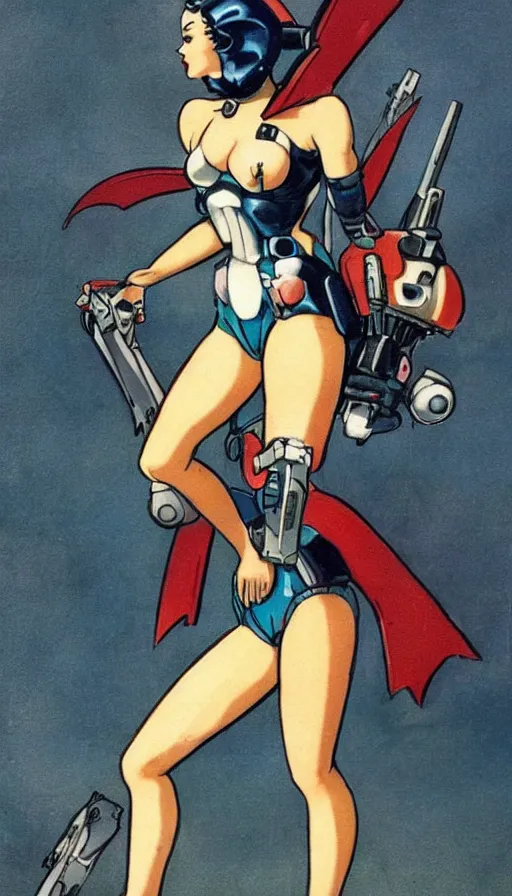 Prompt: full body cyberpunk beautiful woman, on a gundam, in the style of a 1 9 4 0 s oil painted pin - up, frank frazetta