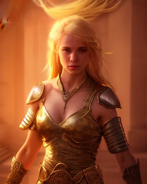 Image similar to Beautiful art portrait of a blond girl as a fantasy warrior in a bright temple, atmospheric lighting, intricate detail, cgsociety, hyperrealistic, octane render, RPG portrait, ambient light, dynamic lighting