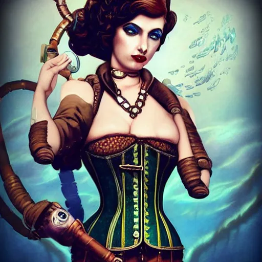 Image similar to lofi underwater bioshock steampunk portrait, wearing corset, Pixar style, by Tristan Eaton Stanley Artgerm and Tom Bagshaw.