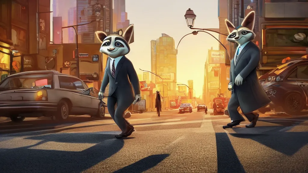 Image similar to An anthropomorphic raccoon businessman is walking down a busy crosswalk at sunset, warm lighting with an orange glow blanketing the cityscape, zootopia, other anthropomorphic characters are walking by him, extremely detailed, HDR, sideview, solemn and moody, many cars and animal people in the background, detailed face and eyes, visible pupils, the ground is wet with many rain puddles, reflections from the water on the ground, shadows are being cast from the cars and people walking around