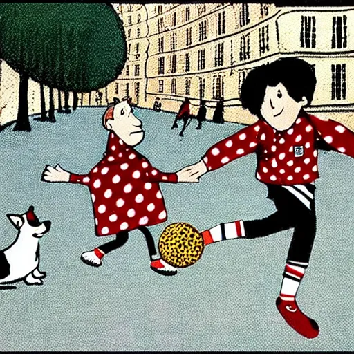 Image similar to illustration of french boy on the streets of paris playing football against a corgi, the dog is wearing a polka dot scarf, comic, 1 9 7 2