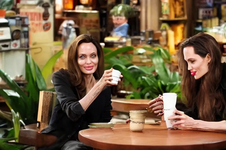 Prompt: angelina jolie and the predator, best friends, drinking coffee at central perk, still photo, hyperrealistic, 35mm, 8k, by weta digital