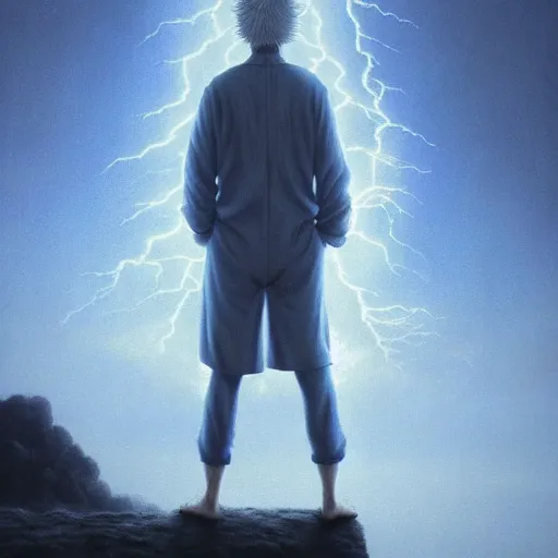 Prompt: killua zoldyck made by zdzisław beksinski, thunderstorm, lighting, blue, pose, 8 k, detailed, high quality, 8 k, detailed clothes, white hair