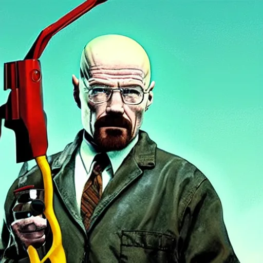 Prompt: Walter White wearing the HEV suit from Half-Life, holding a crowbar