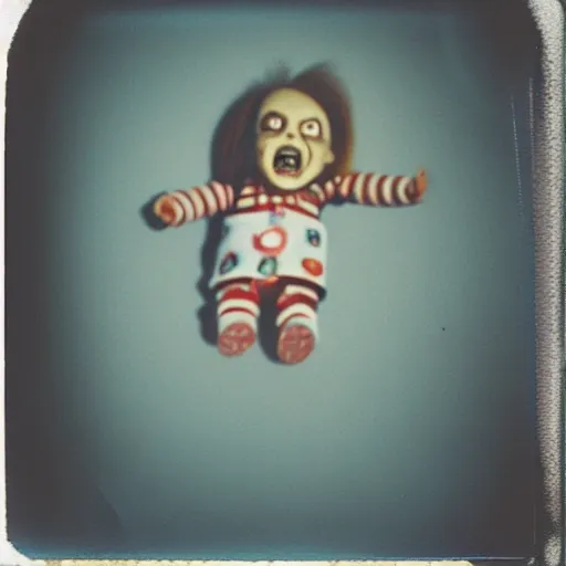 Prompt: screaming chucky doll at bottom of dark ocean expired film polaroid