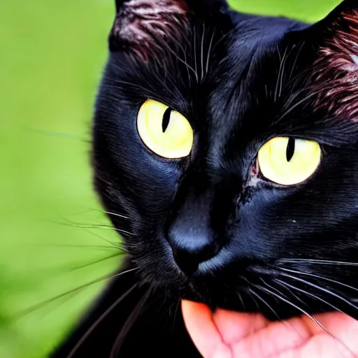 Image similar to a female black cat with red eyes and a crescent moon - shaped bald spot in her forehead