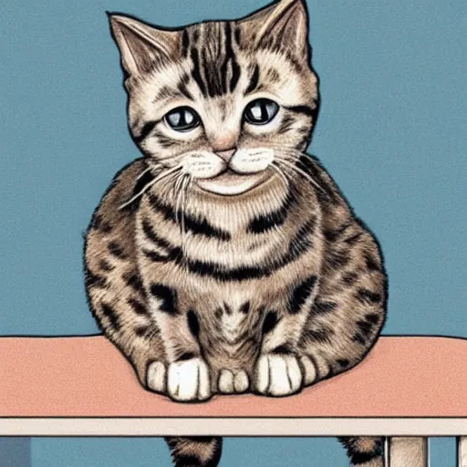 Image similar to A portrait of an attractive little kitty sitting on a table, beautiful bone structure,symmetrical facial features,elegant,highly detailed,illustration