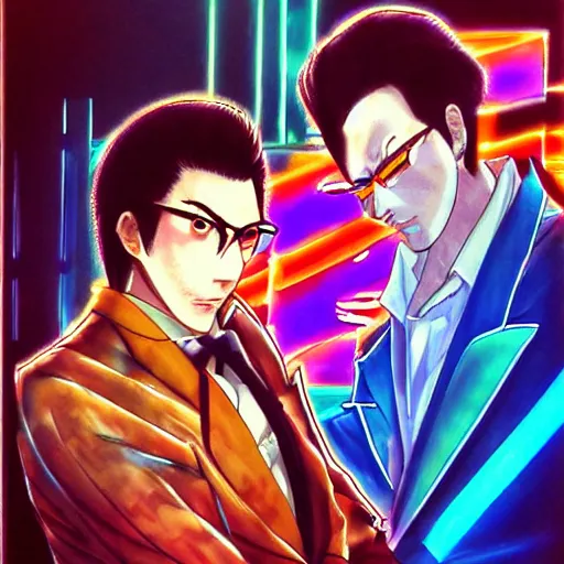 Image similar to beautiful amazing anime portrait painting of kiryu kazuma and goro majima in tokyo. neon lights. by hayao miyazaki, katsuhiro otomo, akira toriyama, satoshi kon, eiichiro oda, hideaki anno