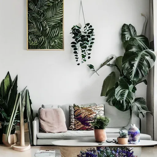 Image similar to ! dream a living room with plants and speakers and a painting on the wall, a photorealistic painting by mollie forestier - walker, featured on tumblr, light and space, sanctuary, soft light, aesthetic