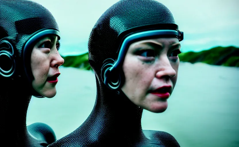 Image similar to cinestill 5 0 d candid action photographic portrait by quentin tarantino of two loving female androids wearing rugged black mesh techwear in treacherous waters, extreme closeup, modern cyberpunk retrofuturism moody emotional cinematic, pouring iridescent rain, 8 k, hd, high resolution, 3 5 mm, f / 3 2, motion blur, ultra realistic faces, ex machina