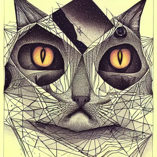 Image similar to cat as a fractal distortion, lithograph, watercolors, ink, M.C. Escher, moebius