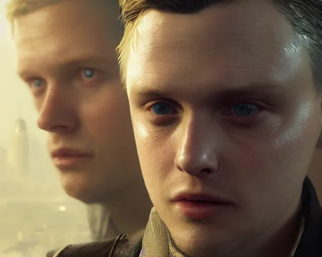 Image similar to highly detailed portrait of michael pitt as an android, in detroit : become human, stephen bliss, unreal engine, fantasy art by greg rutkowski, loish, rhads, ferdinand knab, makoto shinkai and lois van baarle, ilya kuvshinov, rossdraws, tom bagshaw, global illumination, radiant light, detailed and intricate environment