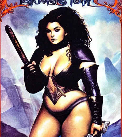 Image similar to 1 9 8 0 s fantasy novel book cover, bbw plus size amazonian ariel winter in extremely tight bikini armor wielding a cartoonishly large sword, exaggerated body features, dark and smoky background, low quality print