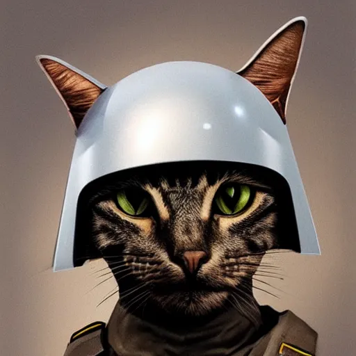 Prompt: cat wearing military helmet, war zone, trending on artstation, hyperrealism