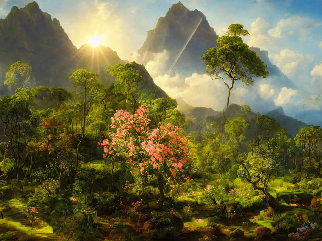 Image similar to kauai in springtime valley vista, sunlight study, by jan davidsz de heem!! and ( ( ( ( ( lisa frank ) ) ) ) ), oil - painting, 3 d render, art nouveau, 8 k, extreme detail, sharp focus, octane render