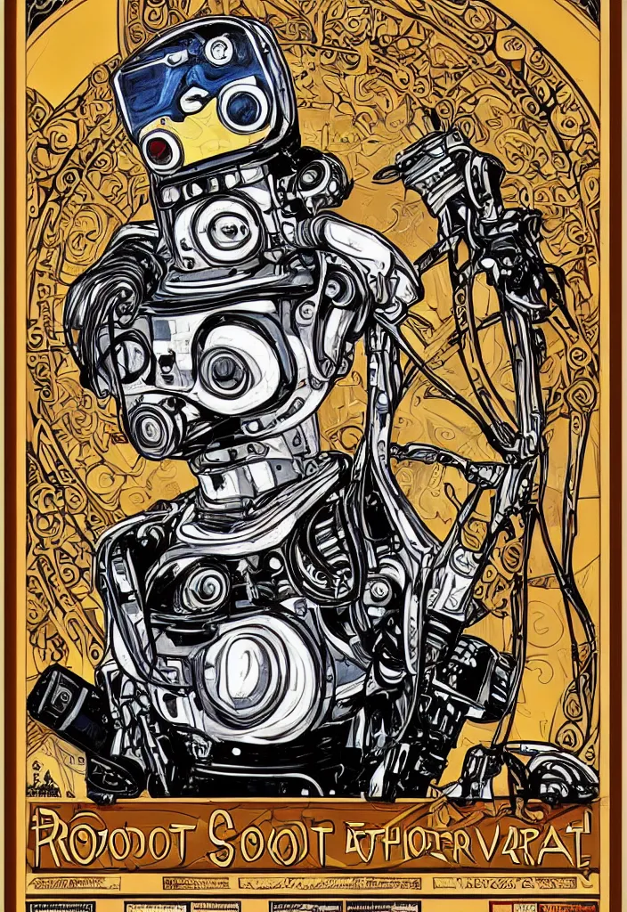 Prompt: Art nouveau robot portrait poster