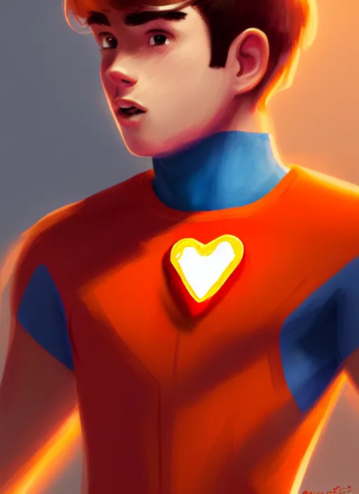 Image similar to kind teenage archie andrews wearing an orange superhero costume, freckles, superhero costume with heart emblem, cape, intricate, elegant, glowing lights, highly detailed, digital painting, artstation, sharp focus, illustration, art by wlop, mars ravelo and greg rutkowski