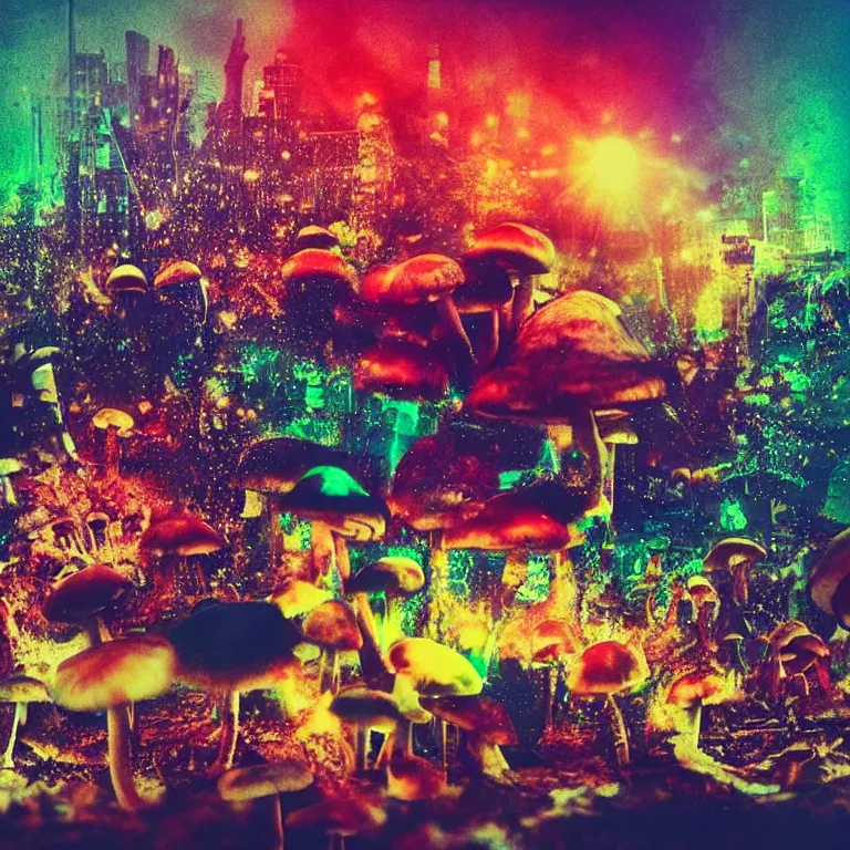 Image similar to double exposure of dally life, symbols of live, explosion, cyber mushroom city, love is the most relevant theme, love is infinity, love is begin of all, 8 k resolution, artistic mode, artistic, trending on instagram, long exposure, love art, serious, fantasy and dreams vibes, mushrooms style and macro style, colorful picture