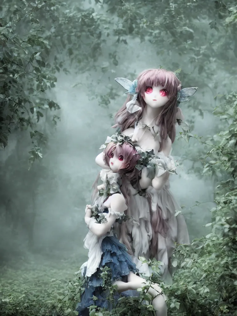 Image similar to cute fumo plush girl among vines in the middle of a foggy dark cursed rose garden under a blue sky, beautiful glowing ethereal gothic magical wraith fairy girl with dark eyes, horns, sheep girl, anime, tattered dress, bokeh, vray