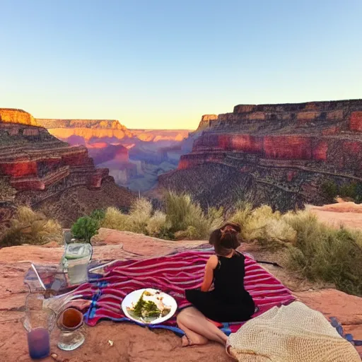 Prompt: a picnic at the bottom of the grand canyon, golden hour